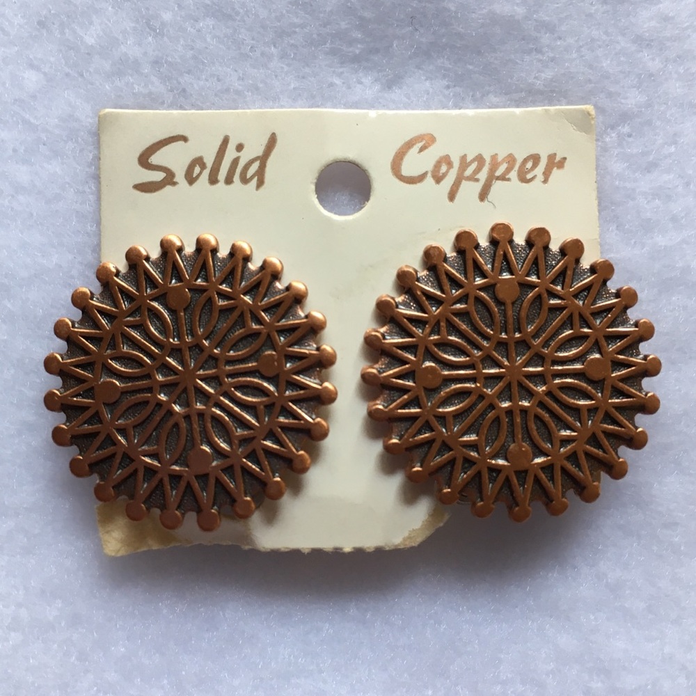 Vintage Solid Copper Earrings Clip On Round Sun